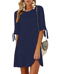 YOINS Summer Dresses for Women Half Sleeves T Shirts Solid Crew Neck Tunics Self-tie Blouses Mini Dresses Swiss Dot-Navy Small