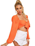 Romwe Women's Self Tie Knot Front Sweetheart Neck Long Sleeve Crop Tops Blouse Orange M