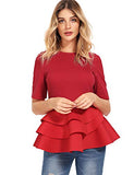 Romwe Women's Vintage Layered Ruffle Hem Slim Fit Round Neck Peplum Blouse Dark Red M