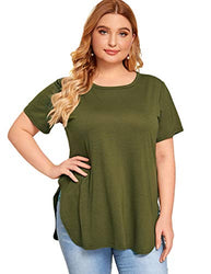 Romwe Women's Plus Size Short Sleeve Side Slit Solid Loose Casual Tee T-Shirt Tops Army Green 2XL