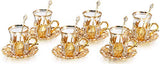 Set of 6 - Handmade Turkish Style SMALL Tea Glasses Saucers Spoons Set with Crystals and Pearls, Gold, 3 Ounces