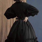 GLOA Lolita Dress for Girls, Women Solid Color O Neck Long Puff Sleeve Button Large Swing Midi Lolita Dress Black L