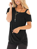 SHIBEVER Women's Summer Fashion Twist Knotted Short Sleeve Round Neck Tunic T Shirt Casual One Shoulder with Spaghetti Straps Blouse Black Medium