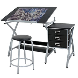 Epetlover Adjustable Drawing Desk Tabletop Tilted Drafting Table Folding Art & Craft Table with Storage&Stool, Black, 50.25inch x 24inch x 30.25inch (L x W x H)