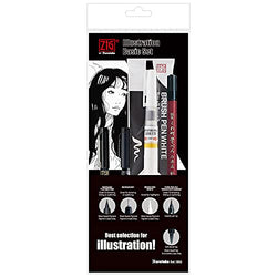 Kuretake ZIG Illustration Special Set, 2 Brush Pens and 2 Fineliner Pens for Inktober Drawing, Lettering and Calligraphy, Flexible Brush Tip, Professional Artist Quality, Non Toxic, Made in Japan