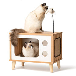 Rolife Cat House Wooden Cat Condo Cat Bed Indoor TV-Shaped Sturdy Large Luxury Cat Shelter Furniture with Cushion Cat Scratcher Bell Ball Toys