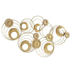 Modernist Floating Rings Sculpture, Golden Gilt, Circular Rods, Crinkle and Rushed Discs, Hammered and Patina Surfaces, Hand Welded and Painted, 47.25 Inches Wide, Home Art Decor