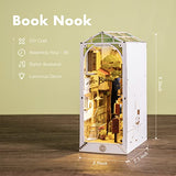 Rowood Book Nook Bookshelf Insert 3D Wooden Puzzle, DIY Bookend Decor Building Set Model Kit with LED Light for Adults Kids - Sunshine Town