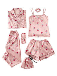 SheIn Women's 7pcs Pajama Set Cami Pjs with Shirt and Eye Mask Pink Strawberry Large