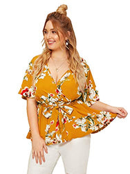 Romwe Women's Plus Size Floral Ruffle Short Sleeve Wrap V Neck Belted Babydoll Blouse Tops Yellow-3 2X