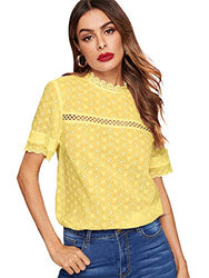 Romwe Women's Short Sleeve Stand Collar Button Embroidery Hollow Out Slim Blouse Top Yellow L
