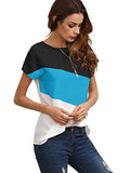 Romwe Women's Color Block Blouse Short Sleeve Casual Tee Shirts Tunic Tops Sky Blue XL