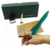 Luxury Feather Quill Pen and Ink Set Antique Feather Pen with Holder Metal Nib Pen Gold Maple Leaf Shaft of Pen Calligraphy Gift Set for Women (Green)
