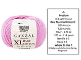 Gazzal Baby Cotton XL Yarn 50% Turkish Cotton 50% Acrylic 2 Pack (Ball) Total 3.52 Oz (100g) / 228 Yrds (210m) Super Soft, DK- Worsted Baby Yarn (3432 Whie)