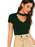 Romwe Women's Scalloped Cut Out V Neck Short Sleeve Sexy Tee Tops Green Large