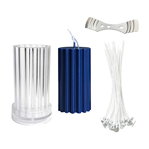 Cylinder with Ribs Candle Mold Candle Making DIY Handmade Candles, 3pcs Plastic Candle Molds Kit for Candle Making Including 20 Candle Wicks and 1 Metal Holders and 1 Cylinder Rib Candle Molds