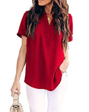 Allimy Women Summer Casual Short Sleeve V Neck Chiffon Blouses Fashion 2019 Tops Large Red