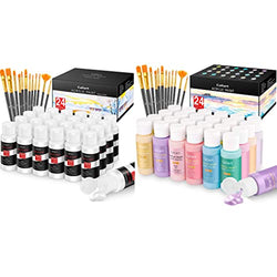 Acrylic Paint Set, Caliart 48 Pastel + White Colors (59ml, 2oz) with 24 Brushes Art Craft Paint Supplies for Canvas Halloween Pumpkin Ceramic Rock Painting, Rich Pigments Non Toxic Paints for Kids Beg