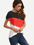 Romwe Women's Color Block Blouse Short Sleeve Casual Tee Shirts Tunic Tops Black/Red/White L