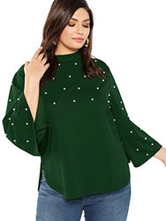 Romwe Women's Plus Elegant Pearls Beaded Long Sleeve Blouse Top Green 1XL