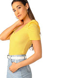 Romwe Women's Elegant Short Puff Sleeve Rib Knit Summer V-Neck Basic T-Shirt Tops Brilliant Yellow X-Small