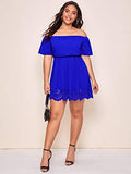Romwe Women's Plus Size Off The Shoulder Hollowed Out Scallop Hem Party Short Dresses Blue 1X