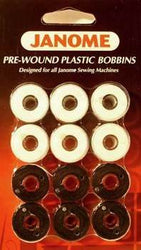 Janome 12 Pack Pre-Wound Plastic Bobbins White and Black Thread