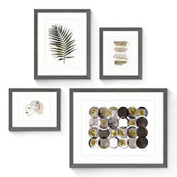 Modern Color Insert Framed Decoration - Simple Line Wall Art and Palm Leaf Pictures with Brown Wooden Frames for Bathroom, Living Room, Bedroom, Office
