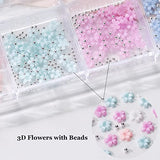 3D Flower Nail Charms for Acrylic Nails, 12 Grids 3D Nail Flowers Gems Colorful Cherry Blossom Nail Art Charms with Rhinestones Silver Caviar Beads for DIY Nail Art Decorations Nail Art Supplies