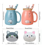SHENDONG 2 Pack Cat Mugs Cute Ceramic Coffee Cups Set of 2 with Kawaii Bamboo Lid and Spoon Novelty Morning Cup Coffee Milk Tea Mugs - 3d Animal Cat Mugs for Cat Lovers Women Gifts(Blue and Red)