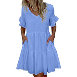 Ulanda-Dresses for Women, Women's Casual Dresses Summer Flowers Bell Sleeve Ruffle Hem Loose Swing Tunic Midi Dress