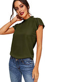 Romwe Women's Elegant Short Sleeve Mock Neck Workwear Blouse Top Shirts Army Green S