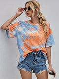 Romwe Women's Summer Short Sleeve Casual Tee T-Shirt Top Tie Dye Orange Blue M