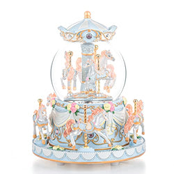 Mr.Winder Carousel Music Box, 8-Horse Blue Snow Globe Rotating Horse Musical Boxes, for Wife Mom Girls Kids Women Daughter Birthday Anniversary Valentine, Play Always with Me