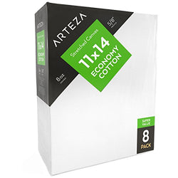 Arteza 11x14” Stretched White Blank Canvas, Bulk Pack of 8, Primed, 100% Cotton for Painting,