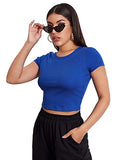 Romwe Women's Casual Rib Knit Short Sleeve Crop Top Tee T-Shirt Royal Blue M