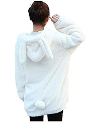 Women Fashion bunny Tail Hoodies,Fluffy Double velvet Winter Rabbit Ear&Tail Shape warm tail jacket,long sleeve hooded sweatshirt (white rabbit)