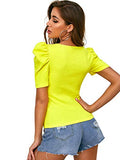 Romwe Women's Puff Sleeve Rib Knit Square Neck Elegant Slim Fit Blouse Tops A-Yellow Medium