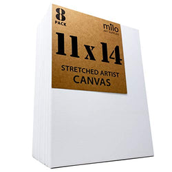 MILO | 11 x 14" Pre Stretched Artist Canvas Value Pack of 8 | Primed Cotton Large Art Canvas Set for Painting | Ready to Paint Art Supplies | 8 White Blank Canvases