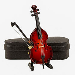 Dselvgvu Wooden Miniature Double Bass with Stand,Bow and Case Mini Contrabass Replica Mini Musical Instrument Collectible Miniature Dollhouse Model Home Decoration (3.94"x1.51"x0.91")