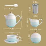 SWEEJAR Porcelain Tea Sets,8 oz Cups and Saucer Teaspoon Set of 4, with Teapot Sugar Bowl Cream Pitcher and Tea Strainer for Tea/Coffee,Afternoon Tea Party (Blue)