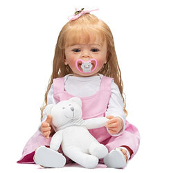 RXDOLL 22 inch Reborn Baby Dolls Silicone Full Body Blonde Hair Real Life Baby Dolls That Looks Real Toddler Reborn Vinyl Doll Smiling Girl with Pink Outfit for Gifts