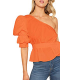 Romwe Women's One Shoulder Short Puff Sleeve Self Belted Solid Blouse Top Orange X-Large