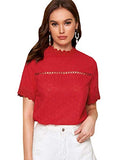 Romwe Women's Short Sleeve Stand Collar Button Embroidery Hollow Out Slim Blouse Top Red M