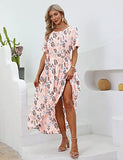 YESNO Women Casual Loose Bohemian Short Sleeve Floral Dress with Pockets Long Maxi V Neck Summer Beach Swing Dress