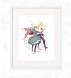 Howl and Sophie Walk Flying Prints, Howl's Moving Castle. Watercolor, Nursery Wall Poster, Holiday Gift, Kids and Children Artworks, Digital Illustration Art