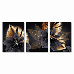 ONEAM ART Black Golden Plant Leaf Canvas Poster Print Modern Home Decor Abstract Wall Art Painting Nordic Living Room Decoration Picture-19.6x27.5 inchx3 (Frameless)