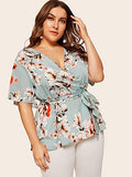 Romwe Women's Plus Size Floral Print Short/Long Sleeve Belt Tie Peplum Wrap Blouse Top Shirts Blue Floral 2XL