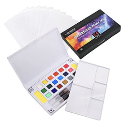 WOOCOLOR Watercolor Paint Set in Portable Box, 24Assorted Colors with Brush, Palette, Sponge, Watercolor Paper, Watercolor Travel Set for Beginners, Kids, Adults, Students, Hobbyists (24colors)