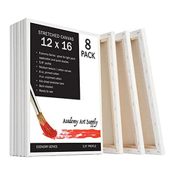 Academy Art Supply Stretched Canvases 12 X 16 inch - 100% Cotton Artist Blank Canvas for Painting, Pre-gessoed, Primed, Acid-Free Canvases, Perfect for Acrylic and Oil Painting, Pack of 8